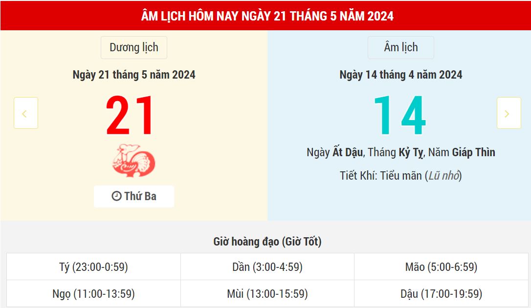 Ngày đẹp hôm nay 21/5/2024 tức ngày 14/4/2024 âm lịch: Giờ nào đẹp, xấu?